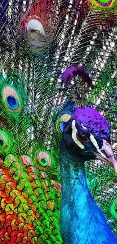 Vivid peacock displaying colorful feathers in vibrant nature scene.