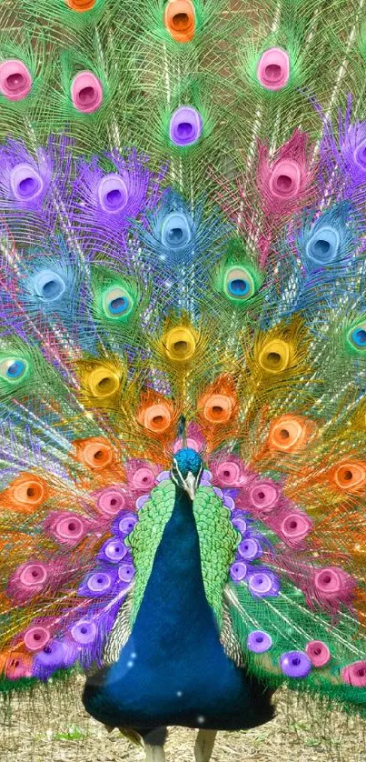 Vibrant peacock displaying colorful feathers with green, blue, and orange hues.