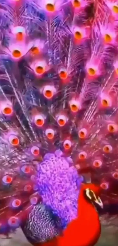 Vibrant peacock with pink and purple feathers displaying elegance.