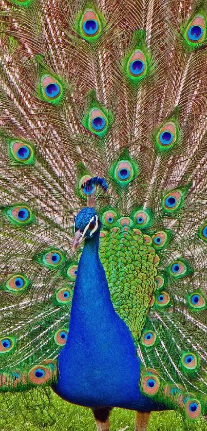 Stunning vibrant peacock with full feather display on mobile wallpaper.