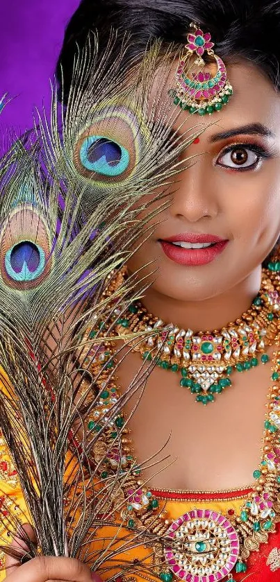 Woman with peacock feathers and colorful jewelry on a vibrant background.