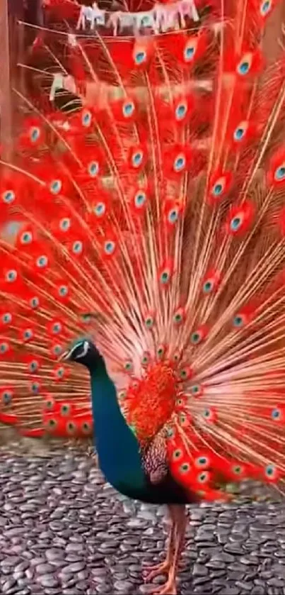 Colorful peacock with vibrant red feathers displayed wide.