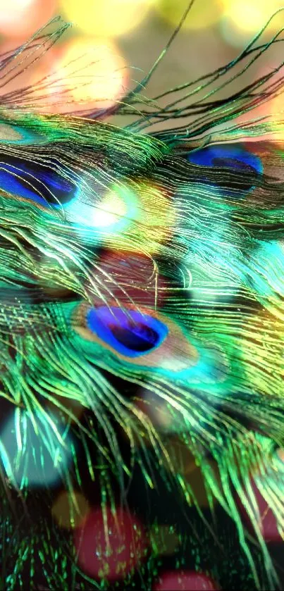 Close-up of vibrant peacock feathers with vivid green and blue hues.