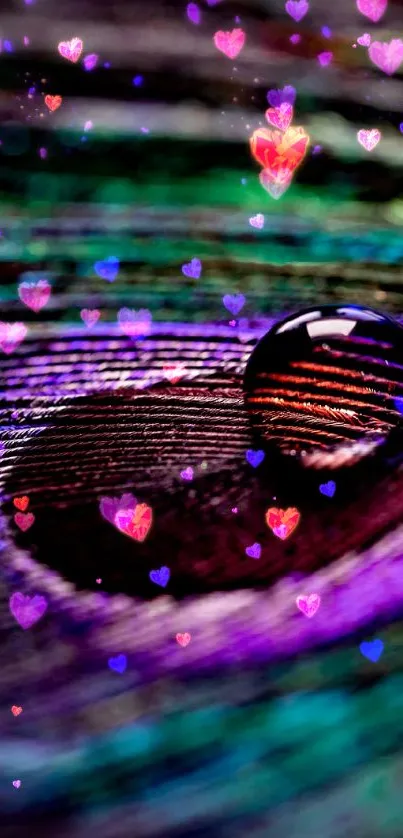 Close-up of a vibrant peacock feather with a water droplet.