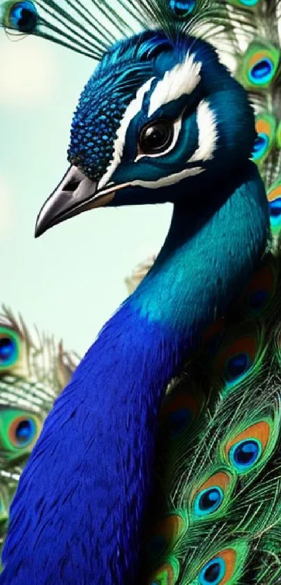 A vibrant peacock with detailed blue and green feathers in a striking pose.