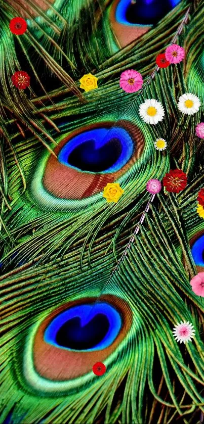 Vibrant peacock feathers with rich green hues and intricate patterns.