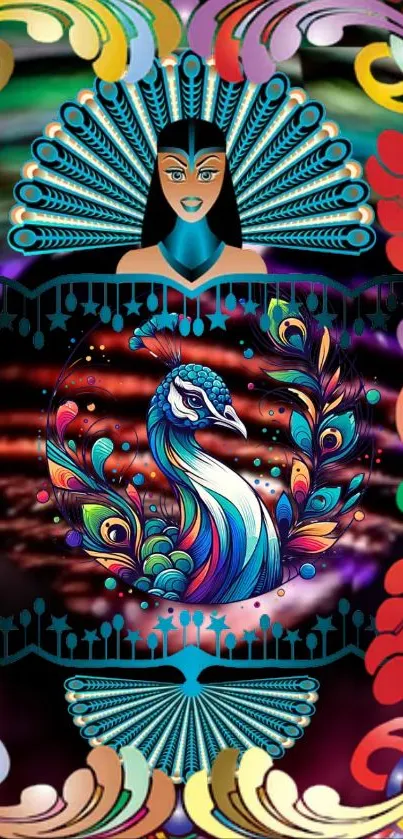 Abstract peacock feather wallpaper with vibrant colors and a water droplet.