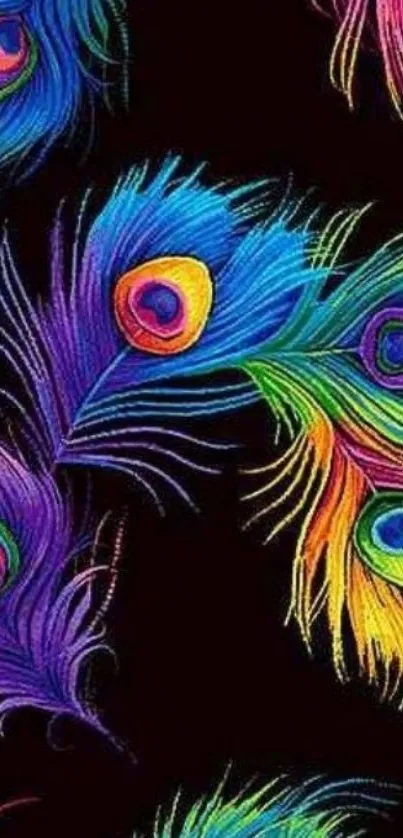 Vibrant peacock feather wallpaper with colorful patterns on black background.