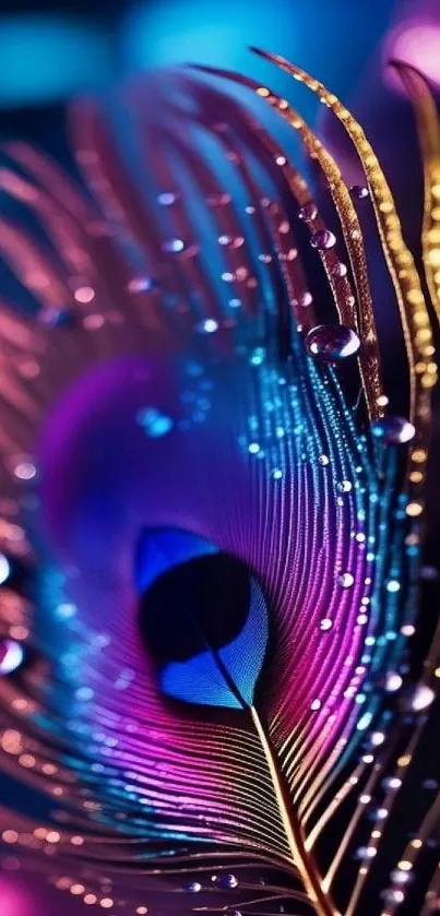 Colorful peacock feather with water droplets.