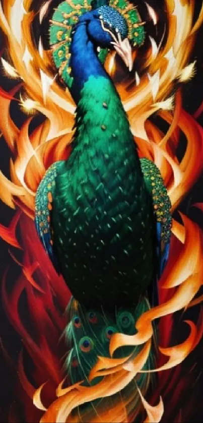 Vibrant artwork of a peacock within fiery surroundings.