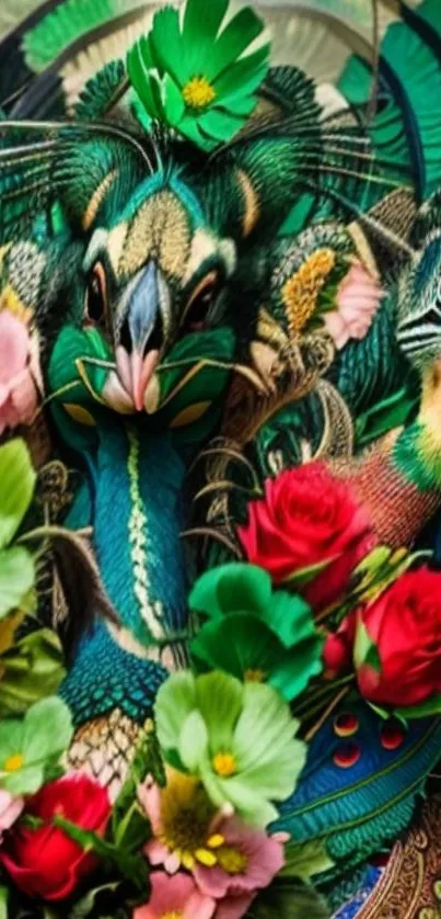 Vibrant peacock with colorful flowers art wallpaper.