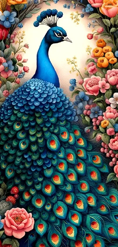 Vibrant peacock with colorful floral backdrop.