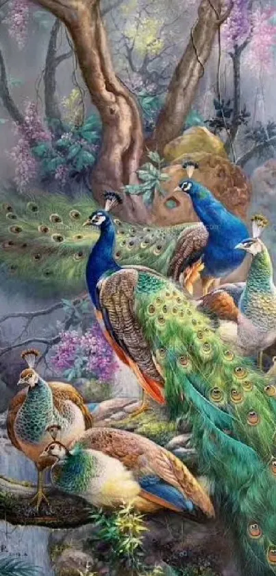 Vibrant artwork of peacocks in a forest scene with lush greenery and vivid colors.