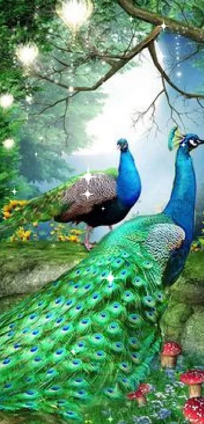 Majestic peacock in lush green forest with mystical glowing lights.