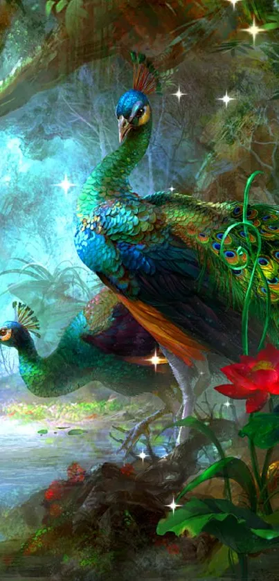 Vibrant peacock and forest scene with colorful feathers and lush greenery.