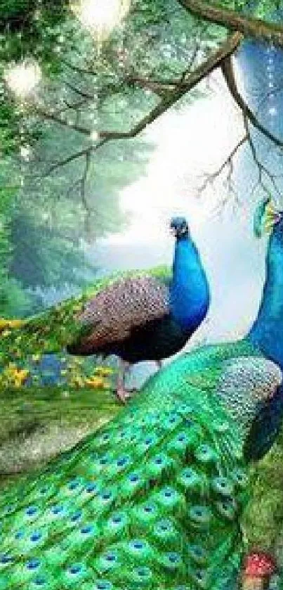 Vibrant peacocks in a lush green forest with sunlight filtering through trees.