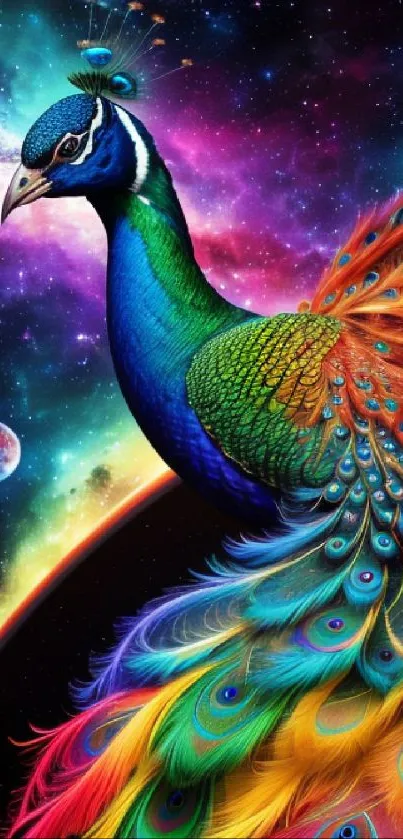 Vibrant peacock with colorful feathers in a cosmic galaxy setting.