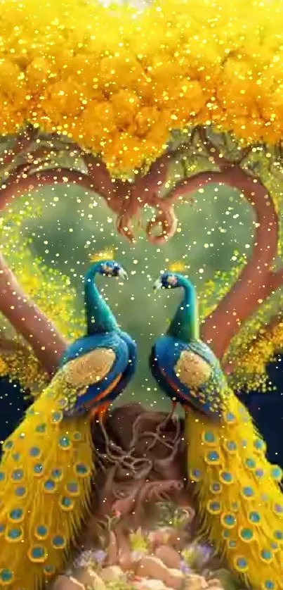 Peacocks under a heart-shaped yellow tree, vibrant mobile wallpaper.