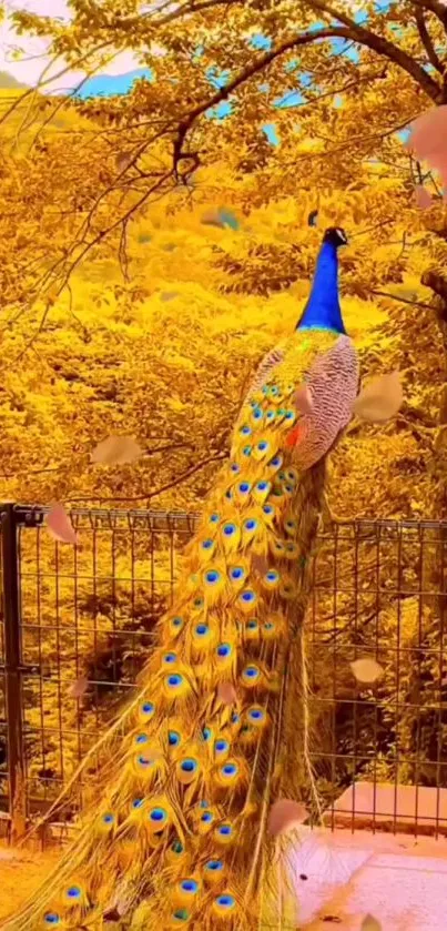 Majestic peacock stands in vibrant orange autumn forest with colorful feathers.