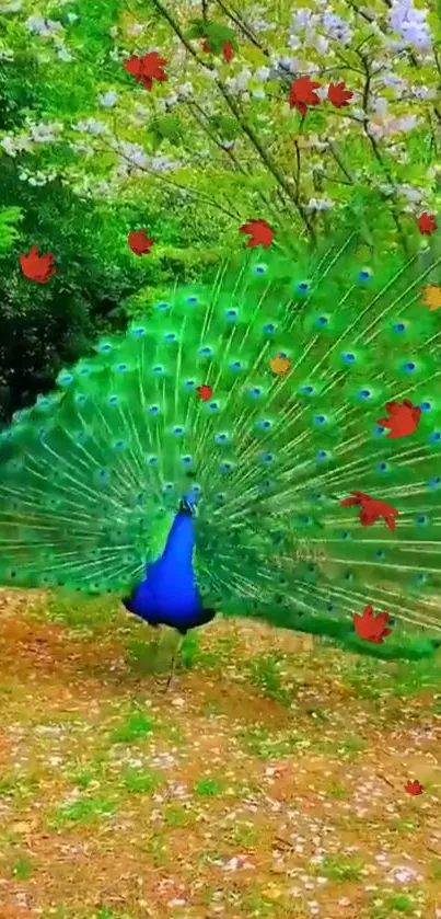 Colorful peacock with open feathers in a forest scene wallpaper.