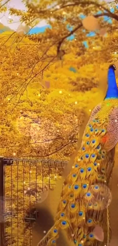 Colorful peacock in golden forest wallpaper.