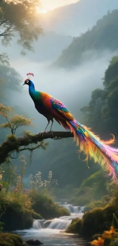 Colorful peacock perched in a mystical forest setting.
