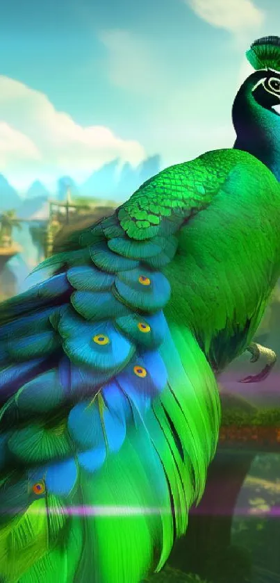 Majestic peacock with vibrant feathers in a lush jungle setting.