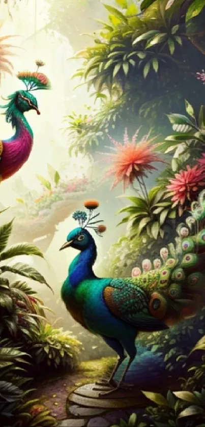 Peacock jungle wallpaper with vibrant, colorful foliage and exotic birds.