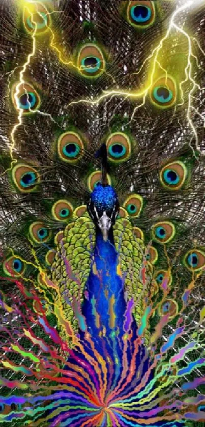 Vivid peacock with vibrant feathers and striking lightning art.