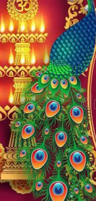 Artistic mobile wallpaper with a vibrant peacock and cultural motifs.