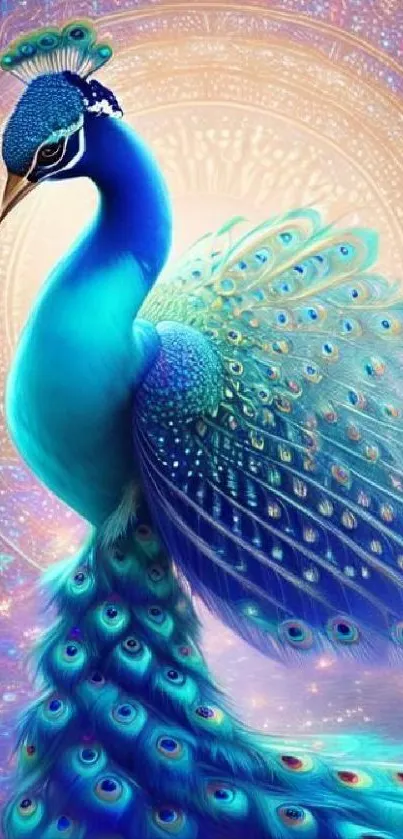 Digital art of a vibrant peacock with intricate feathers and ethereal background.
