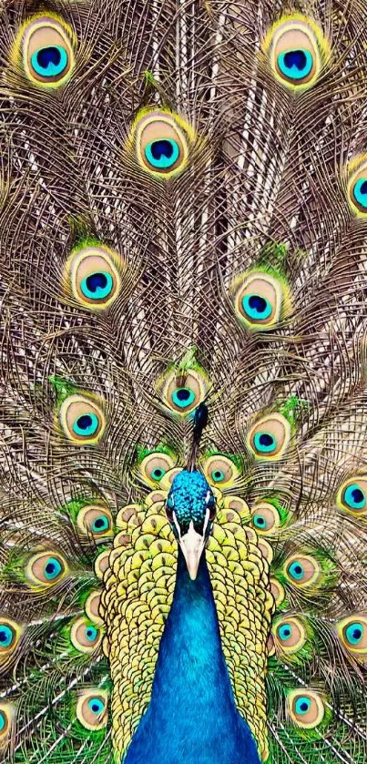 Vibrant peacock with colorful feathers displayed.