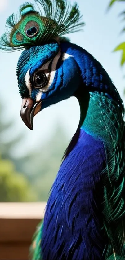 Vibrant peacock with intricate feather design in natural setting.