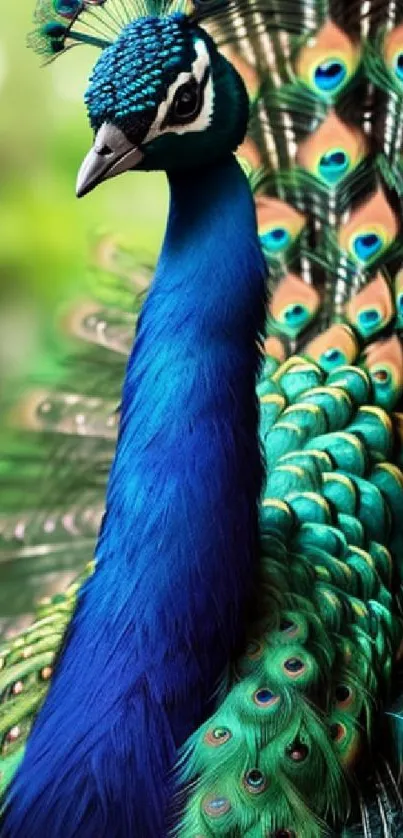 Vibrant peacock with teal and blue feathers displaying in nature.