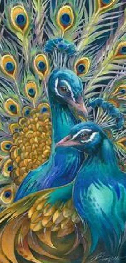 Colorful peacock wallpaper with vibrant blue and green feathers, perfect for mobile.