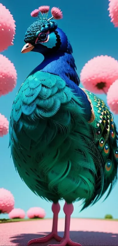 Majestic peacock with teal feathers and pink flowers mobile wallpaper.