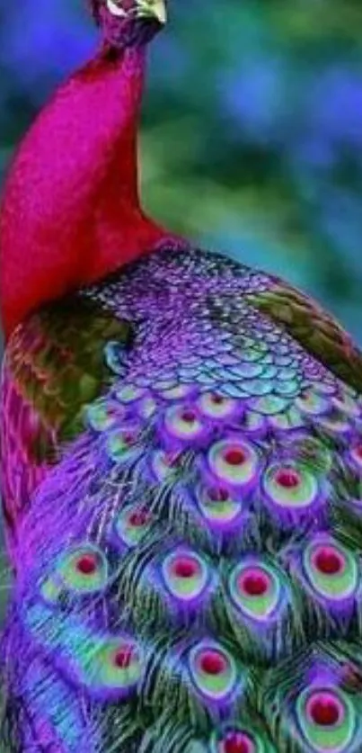 Vibrant colorful peacock with lush purple and green feathers.