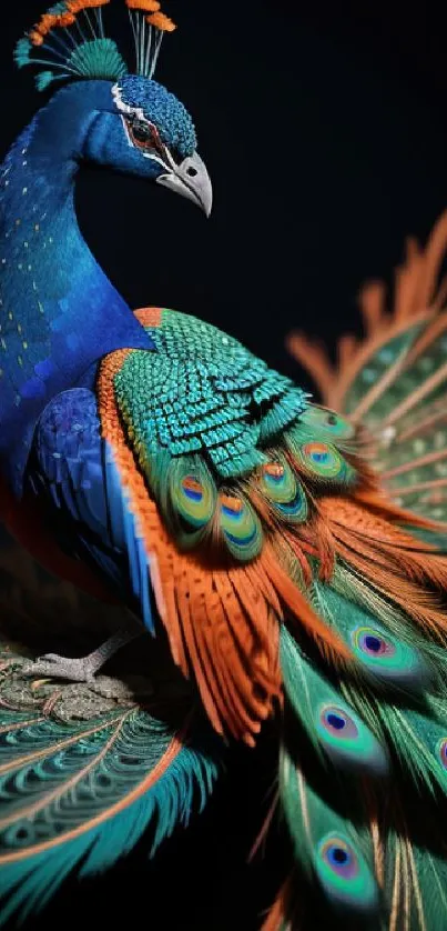 A vibrant peacock with colorful feathers on a dark background.
