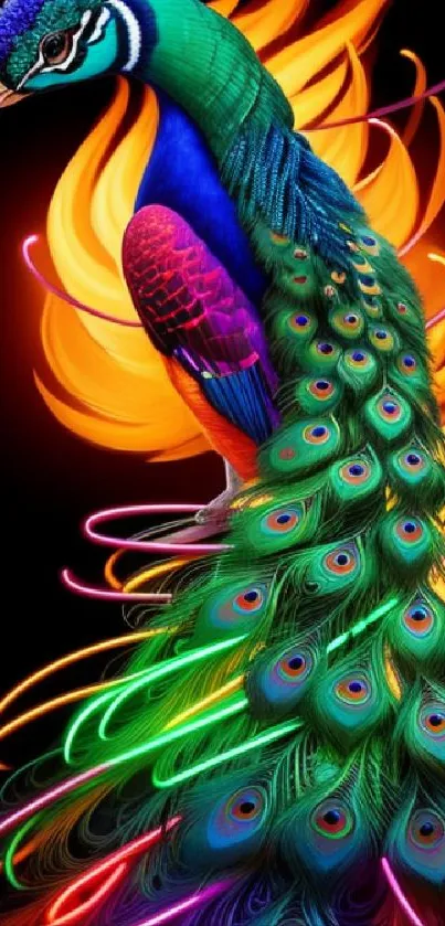 Colorful peacock with vibrant feathers on a dark background.