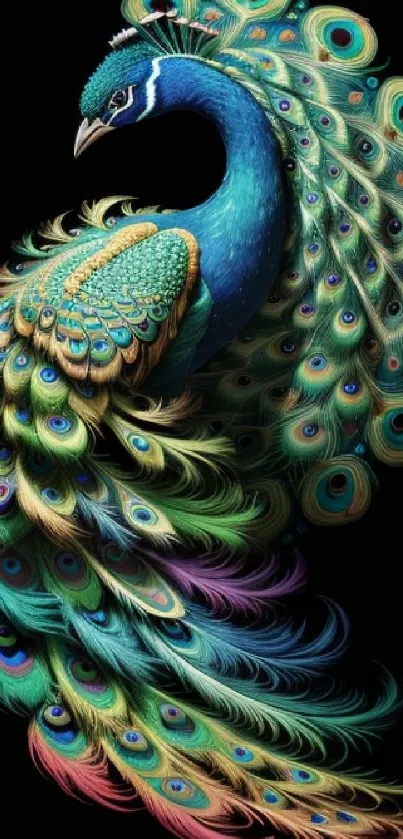 Colorful peacock with vibrant feathers on a dark background.