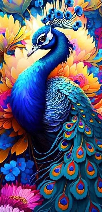 Vibrant peacock with colorful floral background.