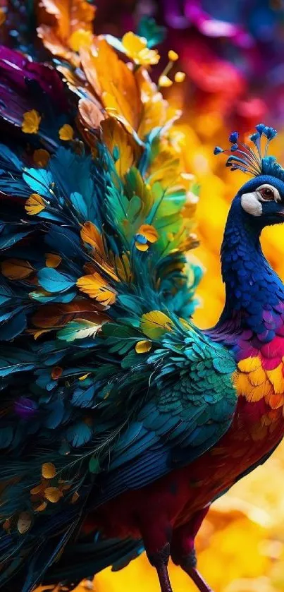 Vibrant and colorful peacock with detailed feathers on a mobile wallpaper.