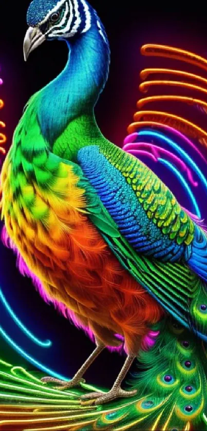 Colorful neon peacock art with vibrant feathers.