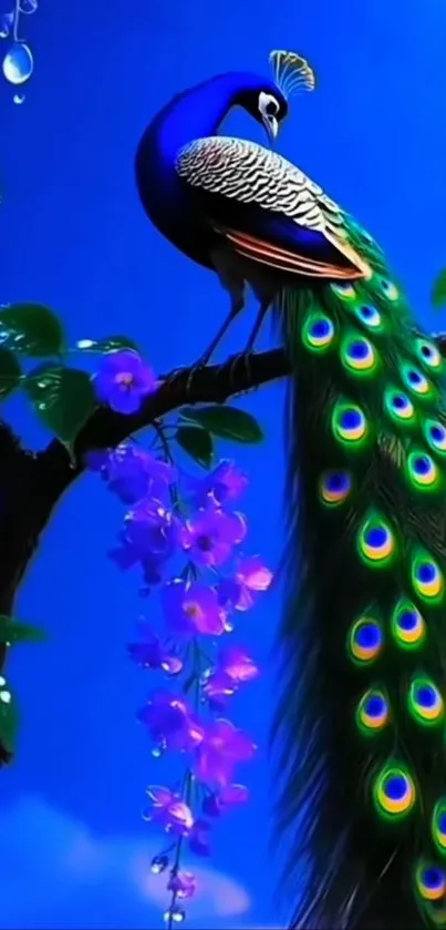 Vibrant peacock perched on a tree branch with blue sky backdrop.