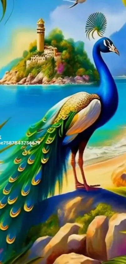 Vibrant peacock on tropical island with lush colors and serene sea view.