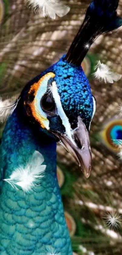 Vibrant peacock with blue feathers and detailed eye spots.