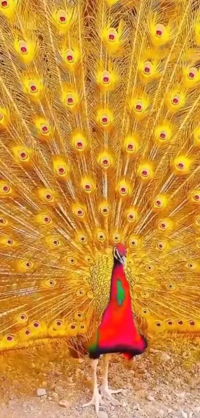 Lively peacock with vibrant golden feathers on display.