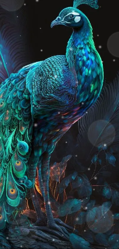 A vibrant teal peacock with detailed feathers on a dark background.