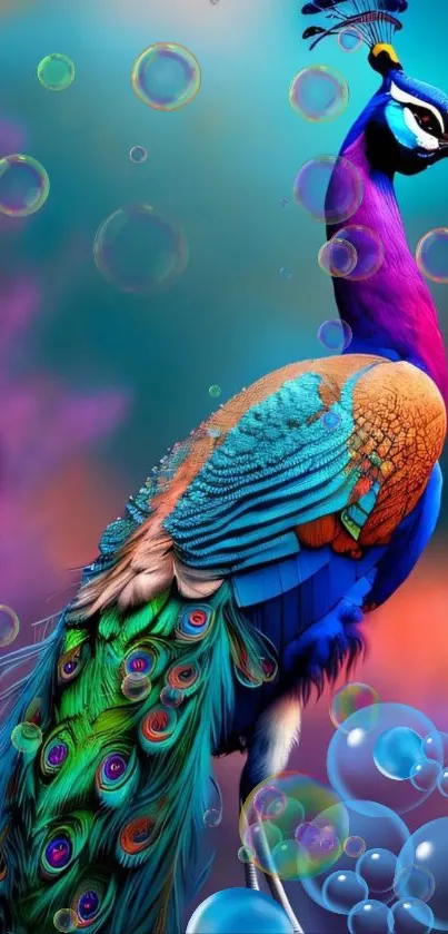 Colorful peacock with vivid feathers in blue and green against a blurred background.