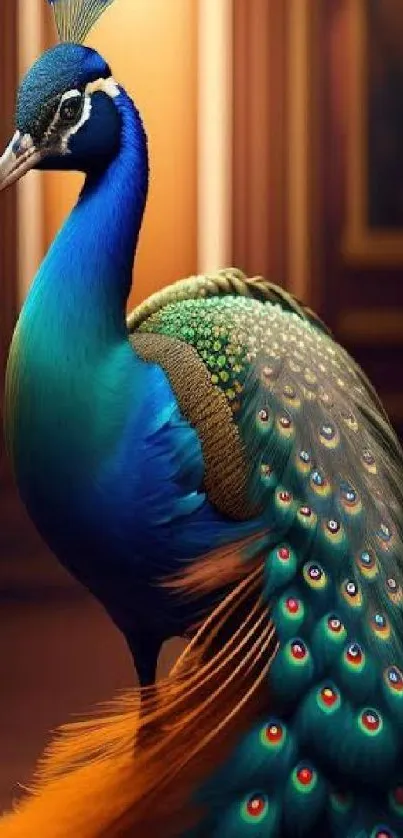 Elegant peacock showcasing vibrant blue and green feathers in phone wallpaper.